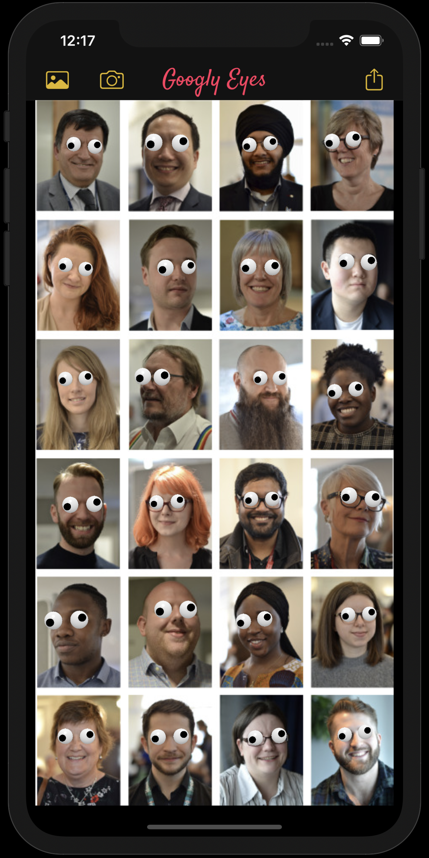 Googly Eyes app showing a gallery of faces with cartoon eyes